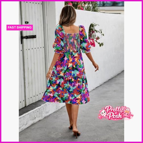 Polyester Puff Sleeve Square Neck A Line Midi Dress - Picture 3 of 7